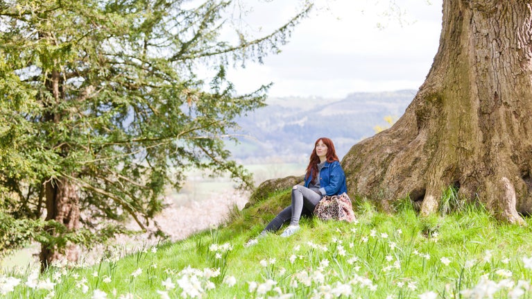 Llun o unigolyn yn eistedd ar laswellt dan goeden dal ar dir Castell Powis a’r Ardd yng Nghymru wedi ei amgylchynu gan flodau gwyn